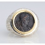 Ancient RomanBronze Coin in 14kt Gold and Sterling Silver Coin Ring  A.D. 337-361 Constantius II